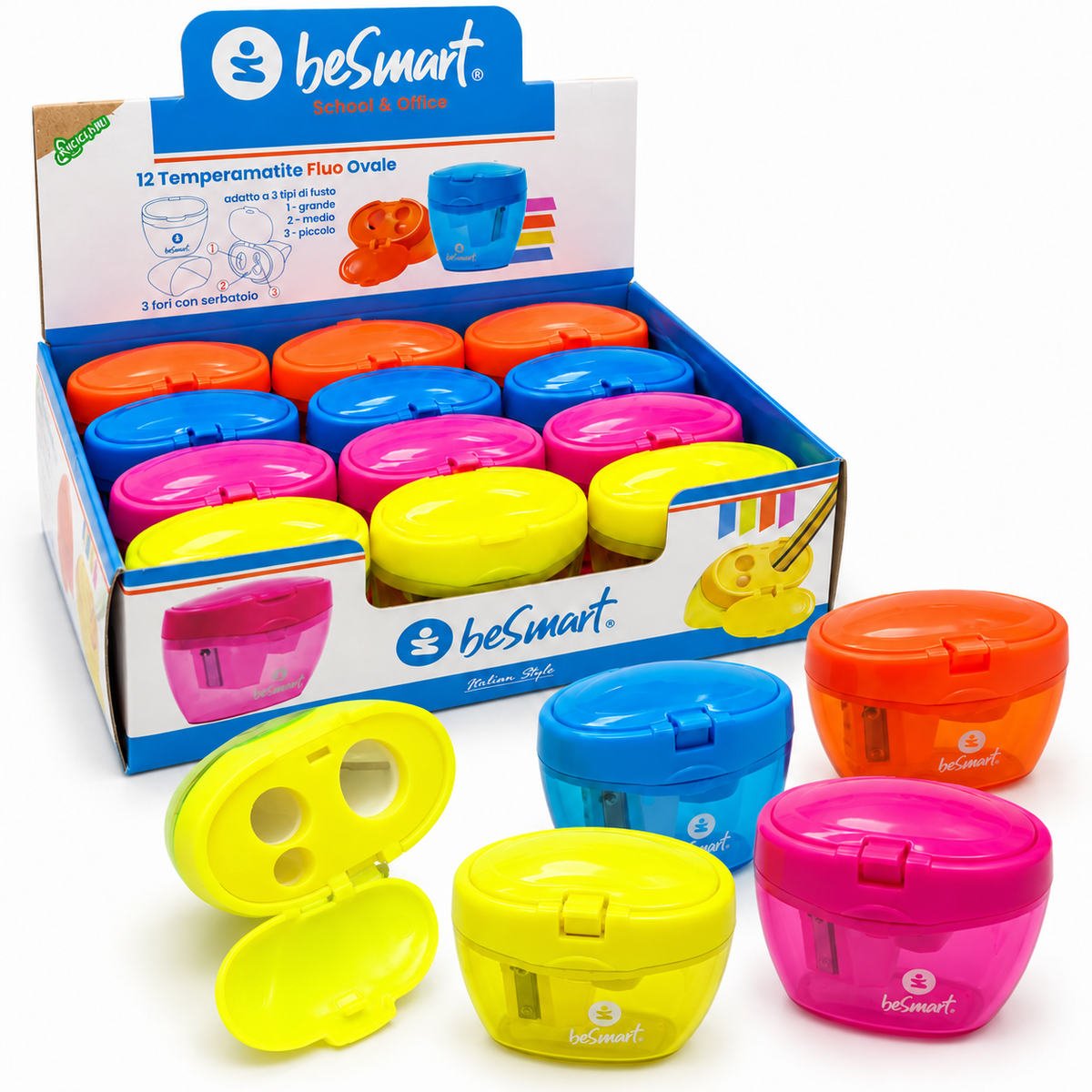 Temperamatite 3 fori 4 colori fluo in display da 12 pezzi Be Smart