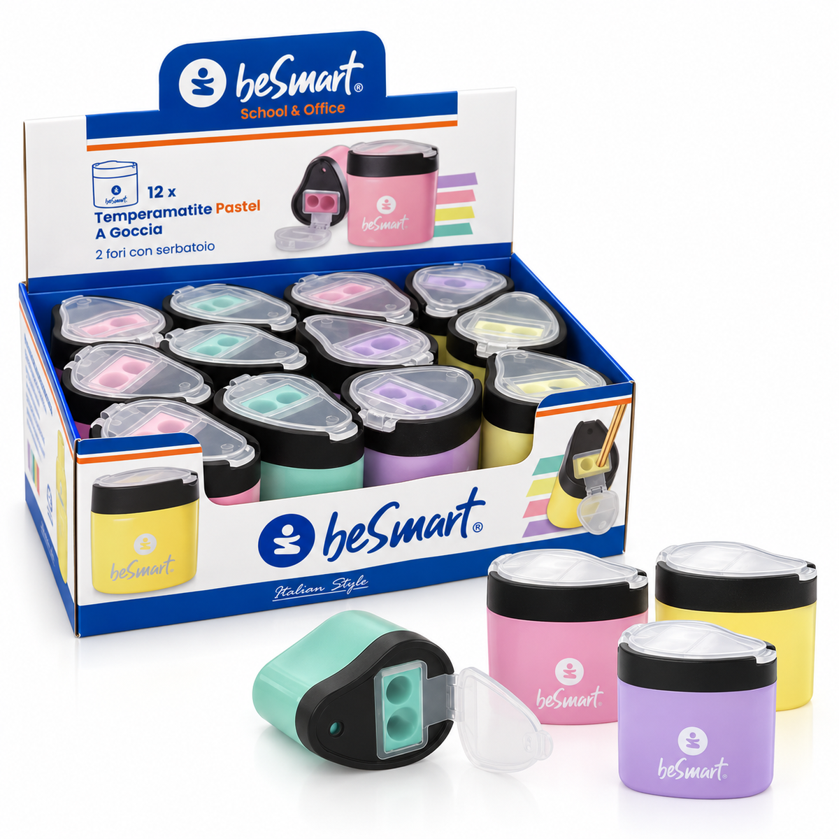 Temperamatite goccia 2 fori in box da 12 pezzi, 4 colori pastel Be Smart
