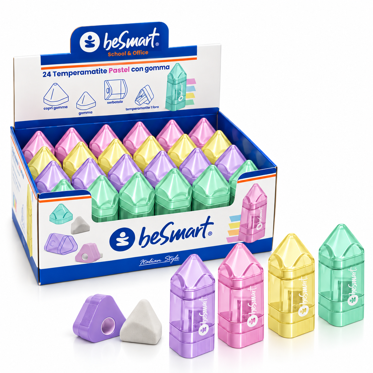 Temperamatite a matita con gomma in box da 24 pezzi 4 colori pastel Be Smart