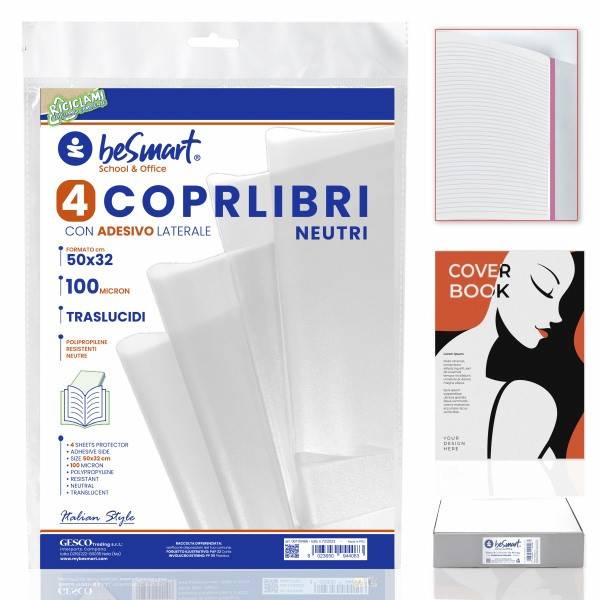 Set 4 pezzi coprilibri neutri 50x32 cm 100mic con adesivo laterale Be Smart
