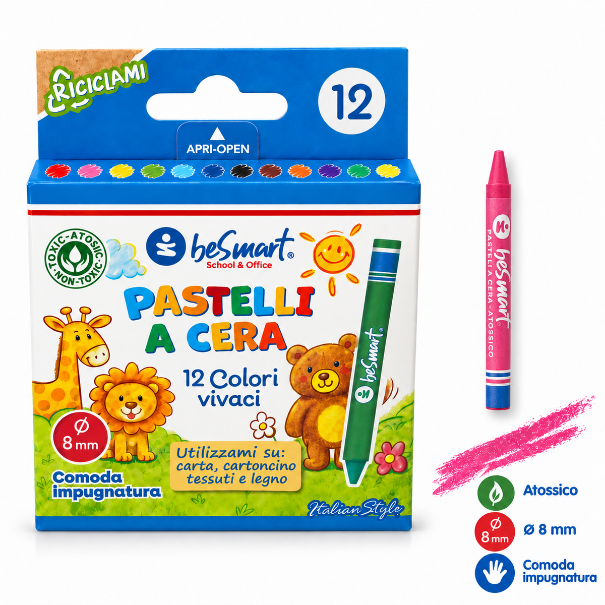 Box 12 pastelli a cera ø 8 mm Be Smart