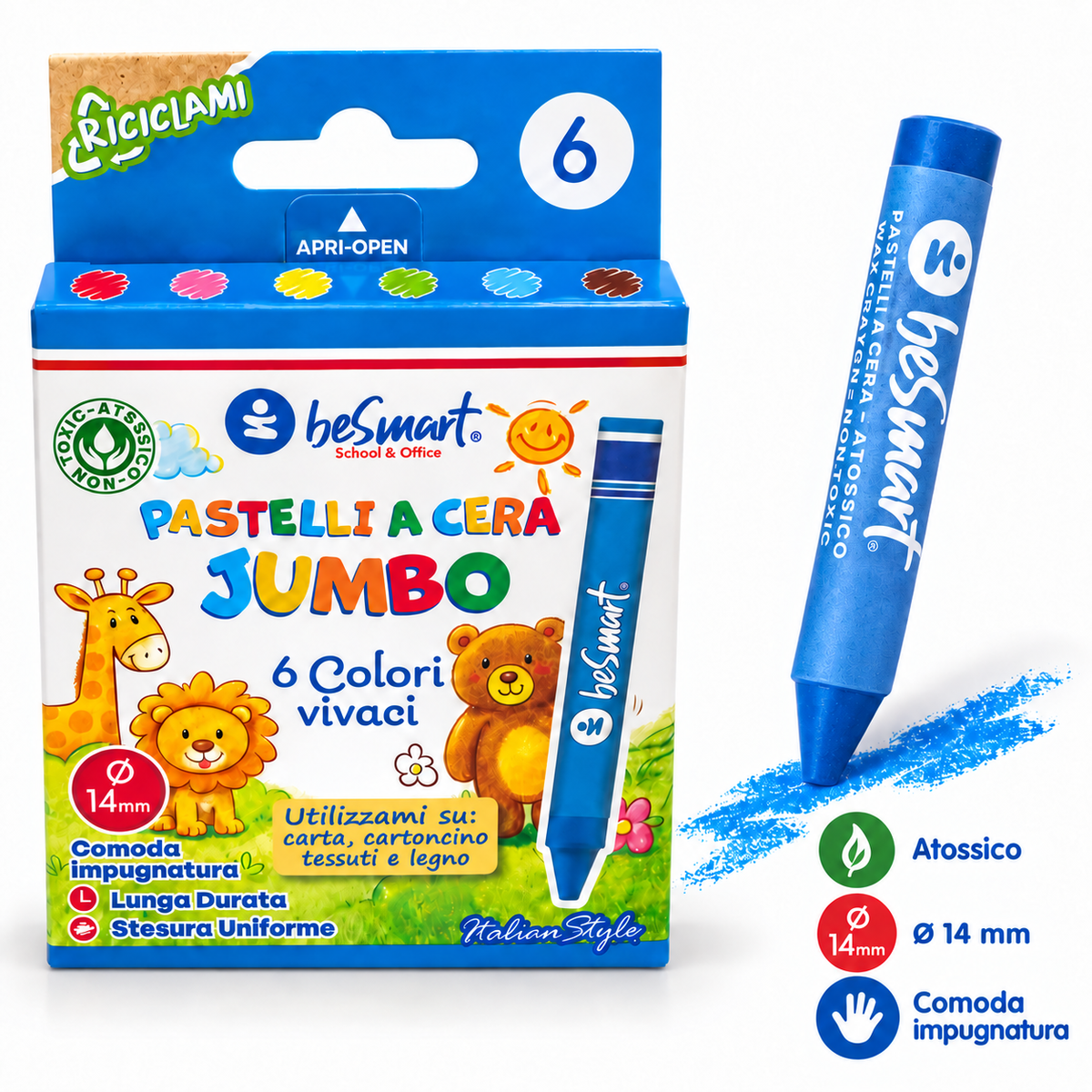 Box 6 pastelli a cera super jumbo ø14 mm Be Smart