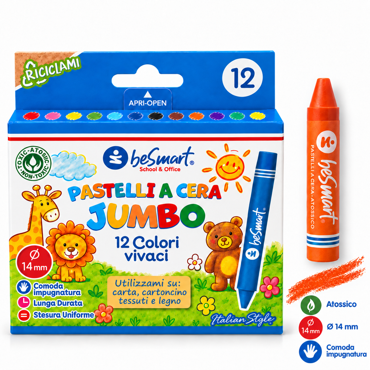 Box 12 pastelli a cera super jumbo ø 14 mm Be Smart