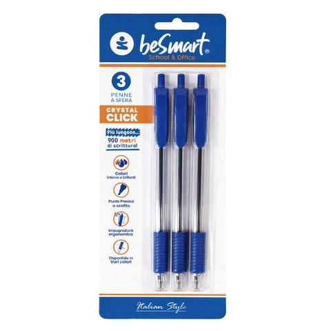 Blister 3 penne blu click crystal Be Smart