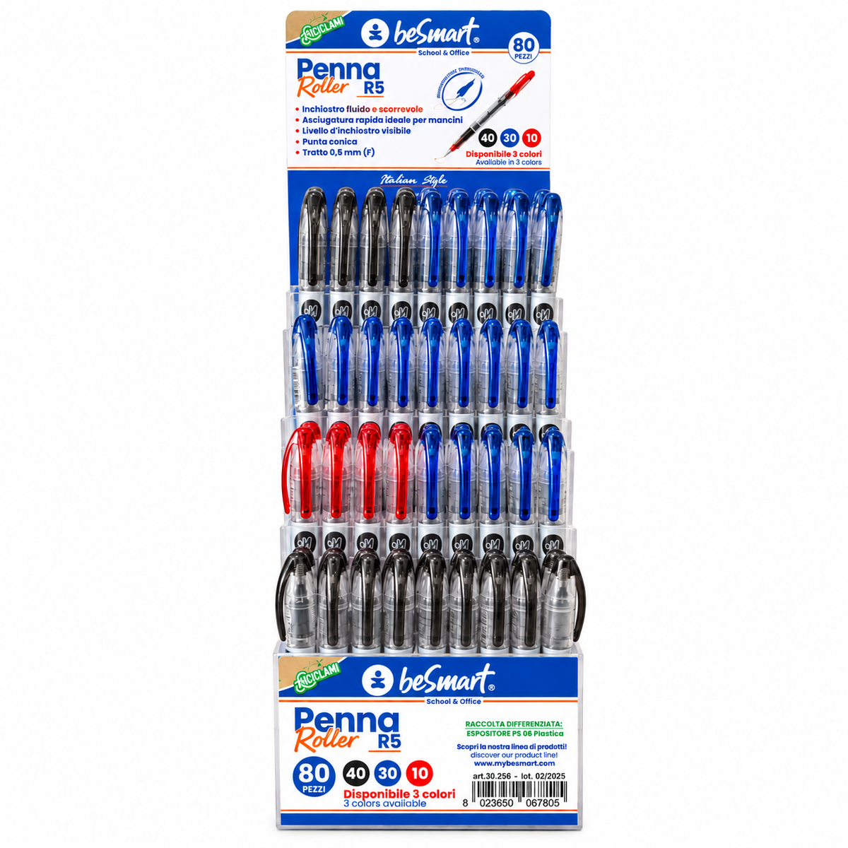 Penna roller R5 3 colori standard in acrilic display 80 pezzi Be Smart