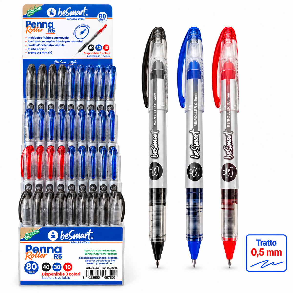 Penna roller R5 3 colori standard in acrilic display 80 pezzi Be Smart