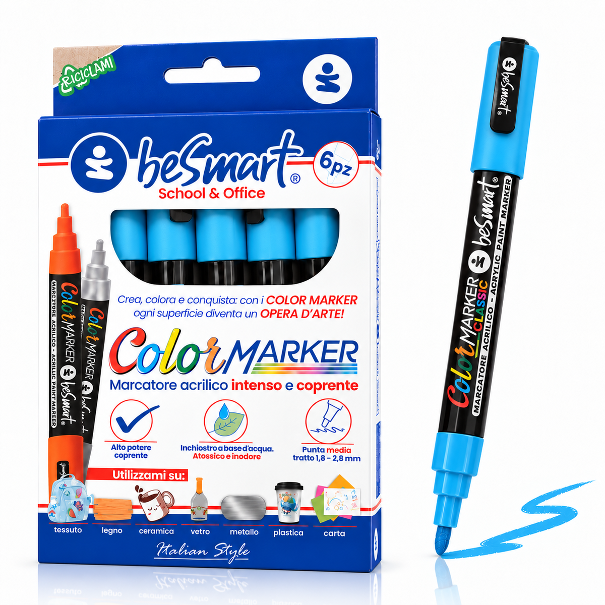 Color marker azzurro 6 pezzi in box Be Smart