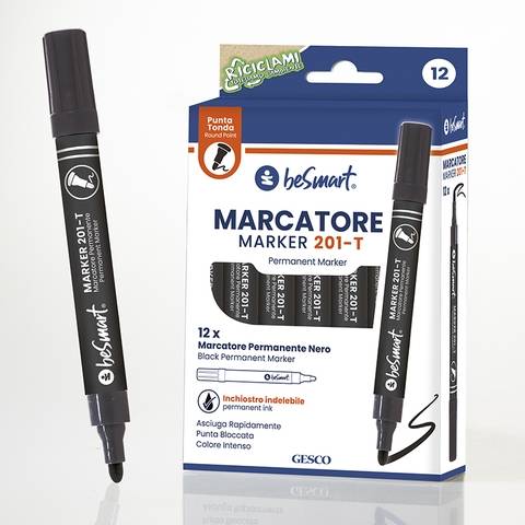 Marcatore punta tonda nero in box da 12 pezzi Be Smart