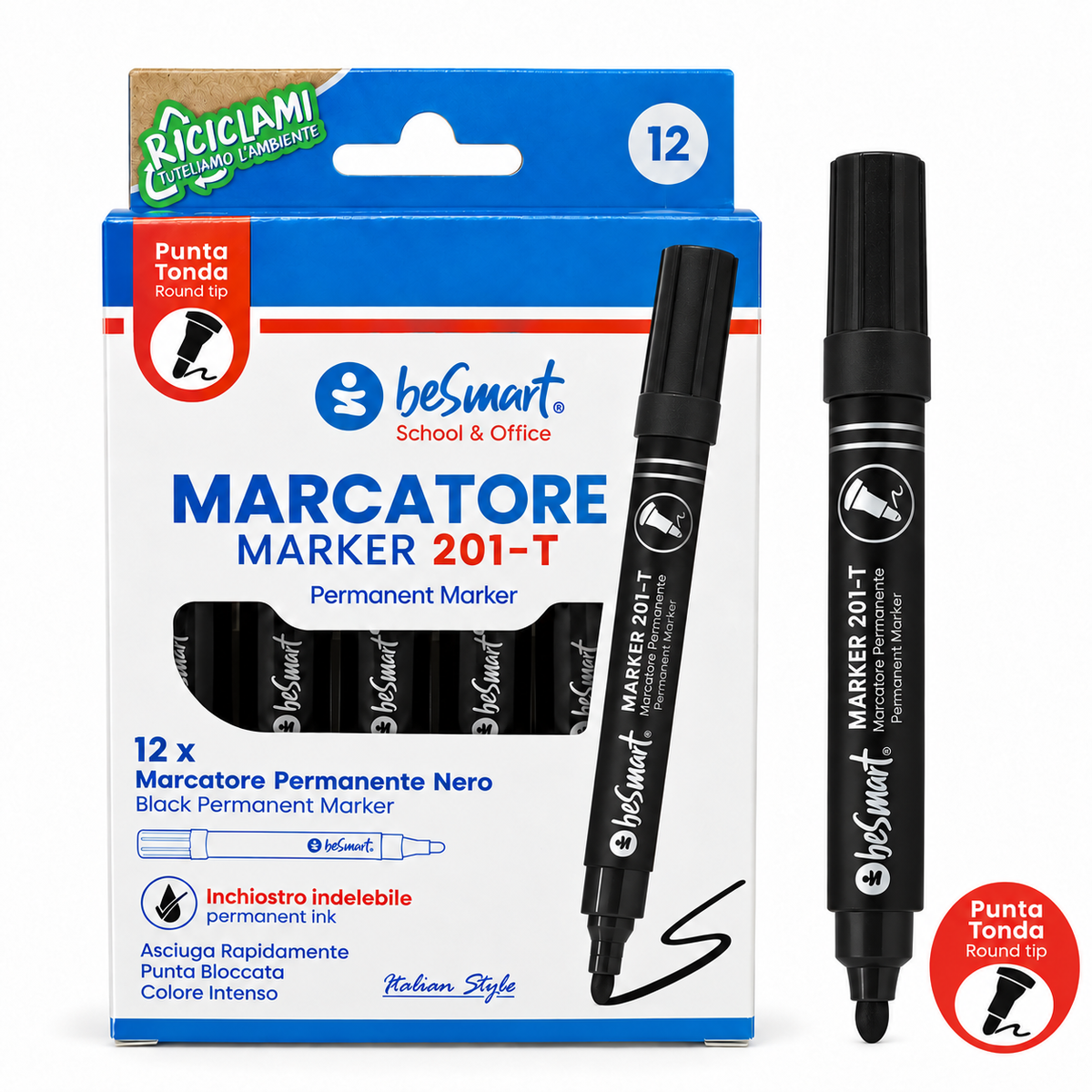 Marcatore punta tonda nero in box da 12 pezzi Be Smart