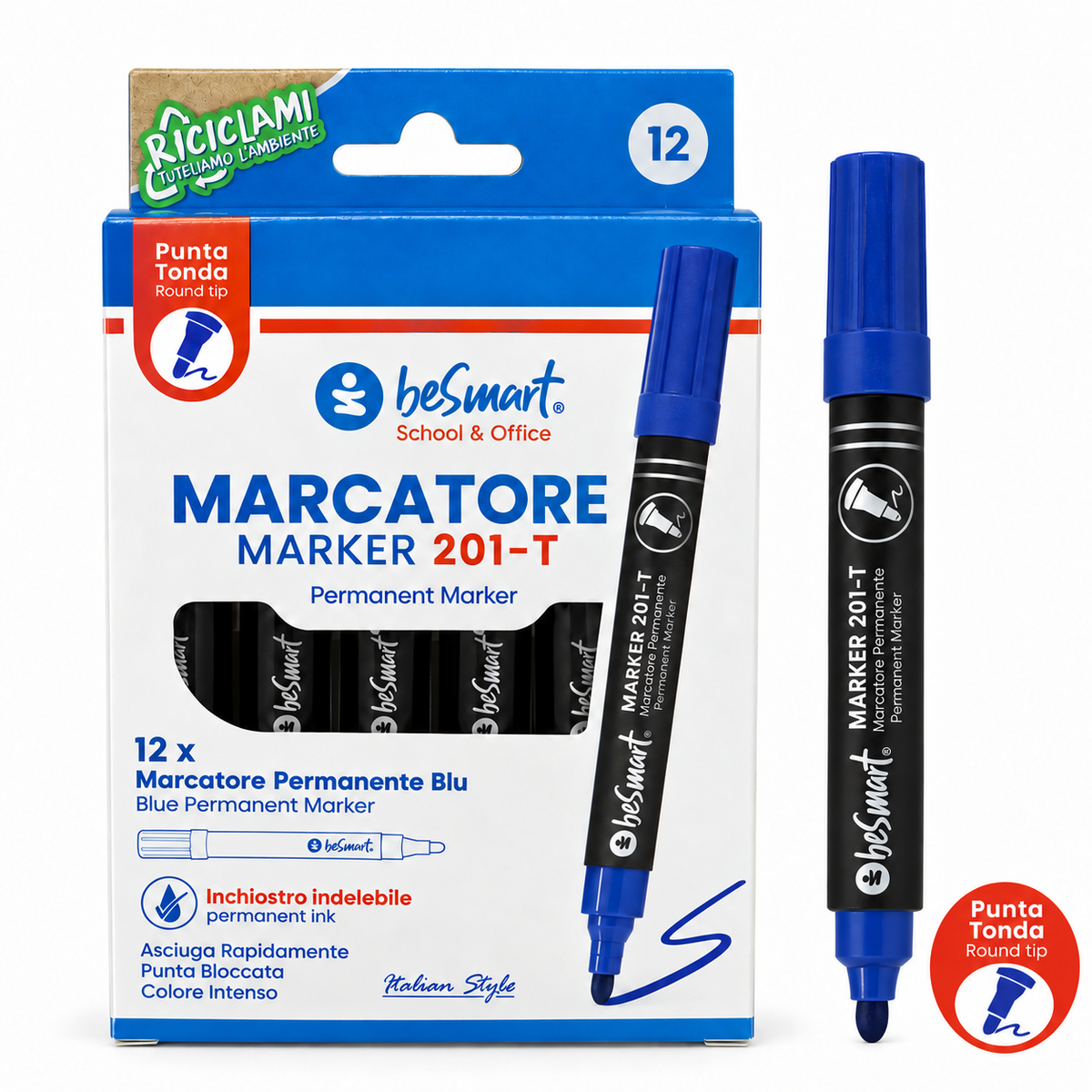 Marcatore punta tonda blu in box da 12 pezzi Be Smart