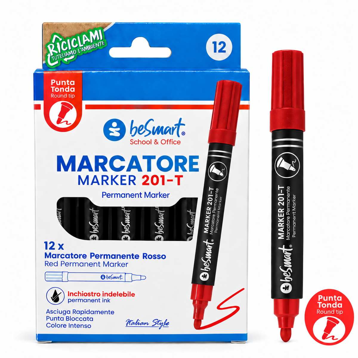 Marcatore punta tonda rosso in box da 12 pezzi Be Smart