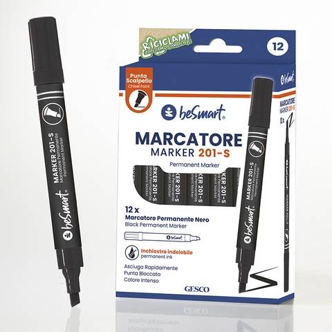 Marcatore punta scalpello nero in box da 12 pezzi Be Smart