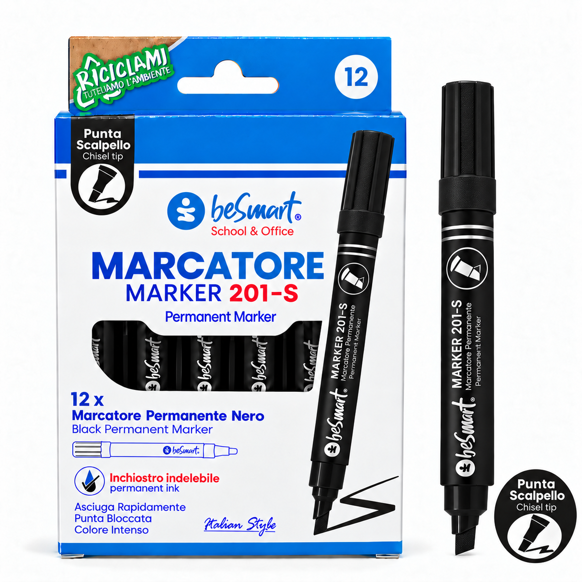 Marcatore punta scalpello nero in box da 12 pezzi Be Smart