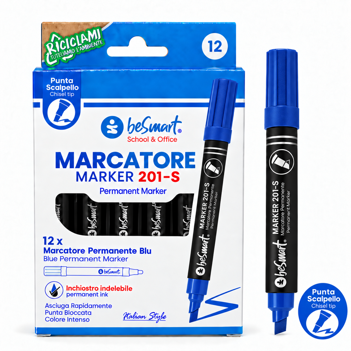 Marcatore punta scalpello blu in box da 12 pezzi Be Smart