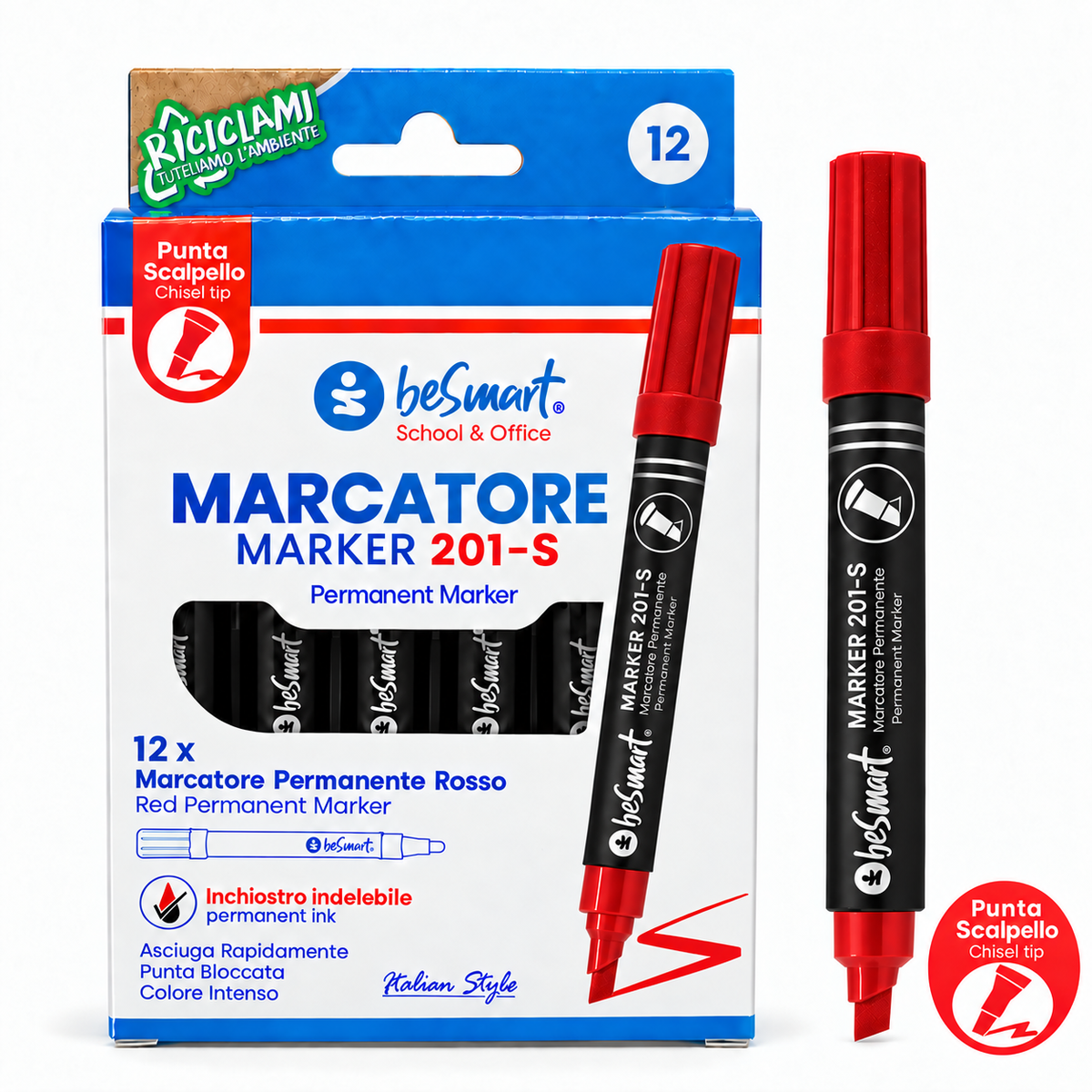 Marcatore punta scalpello rosso in box da 12 pezzi Be Smart