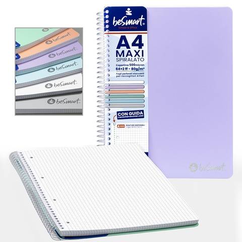 Quaderno Spiralato Maxi A4 4mm PVC Pastel BeSmart 64 Fogli | Quaderno a quadretti per cartolerie