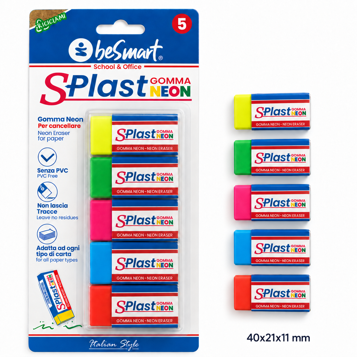Gomma neon s-plast in blister da 5 pezzi Be Smart