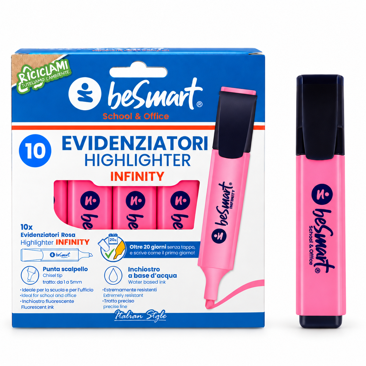 Evidenziatore rosa in box da 10 pezzi Be Smart