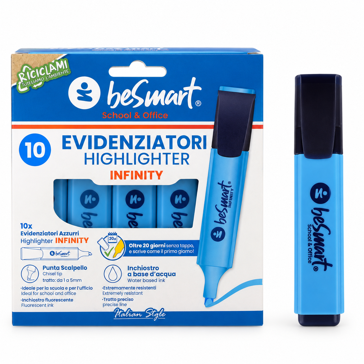 Evidenziatore azzurro in box da 10 pezzi Be Smart