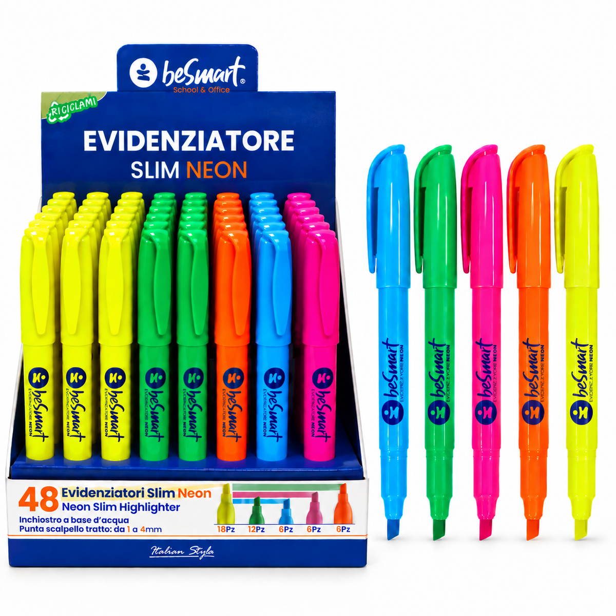 Evidenziatore slim neon 48 pezzi in display Be Smart