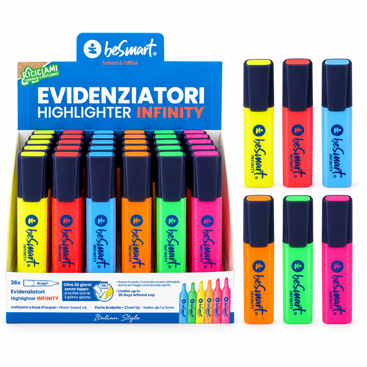 Box 36 evidenziatori infinity 6 colori brillanti Be Smart