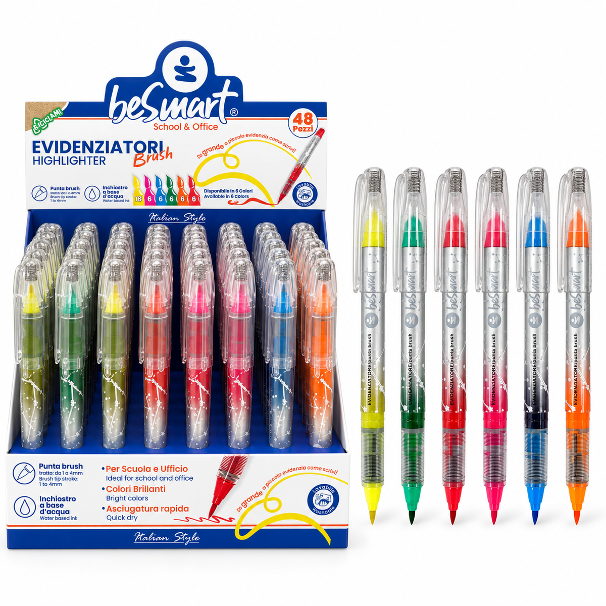 Display 48 pezzi evidenziatore brush 6 colori standard Be Smart