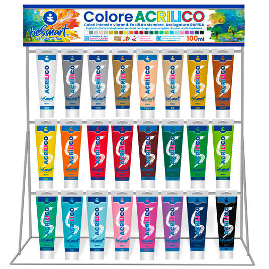 Espositore 144 tubi 100 ml tempera acrilica assortita Be Smart