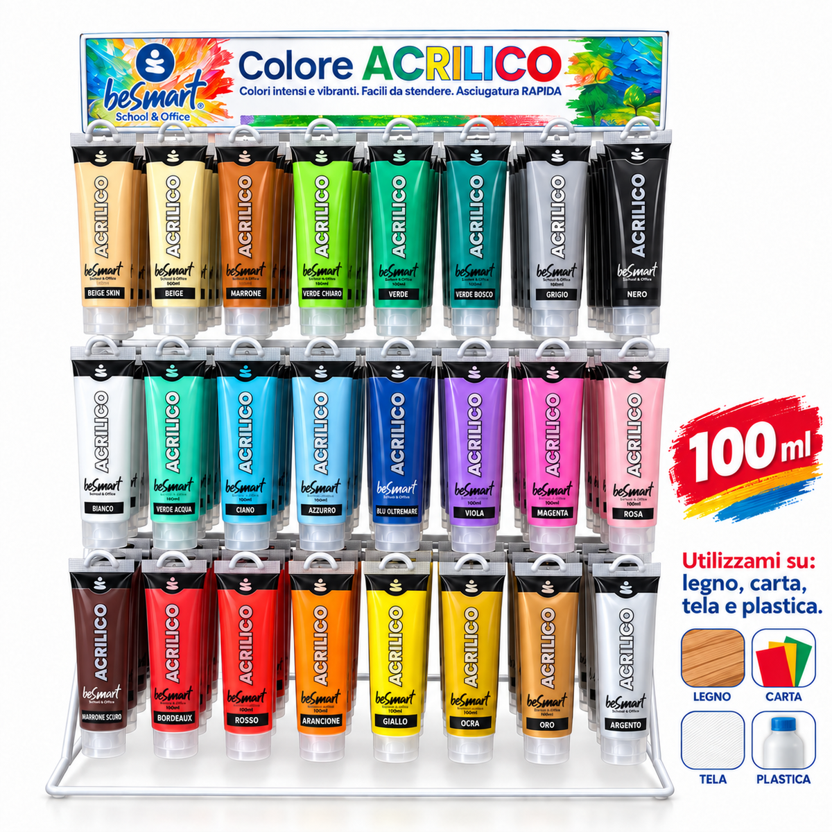Espositore 144 tubi 100 ml tempera acrilica assortita Be Smart