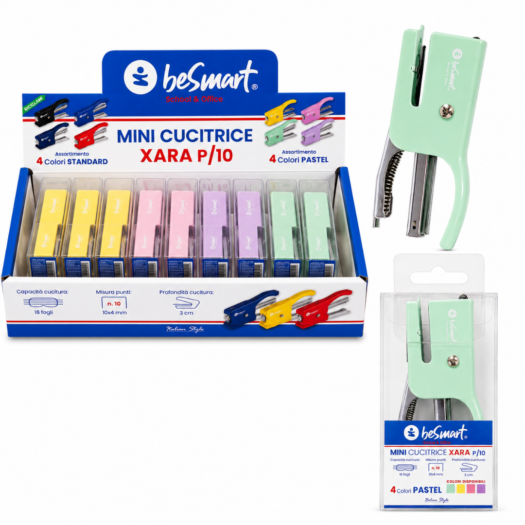 Mini cucitrice xara p/10 - 4 colori pastel in display da 12 pezzi Be Smart