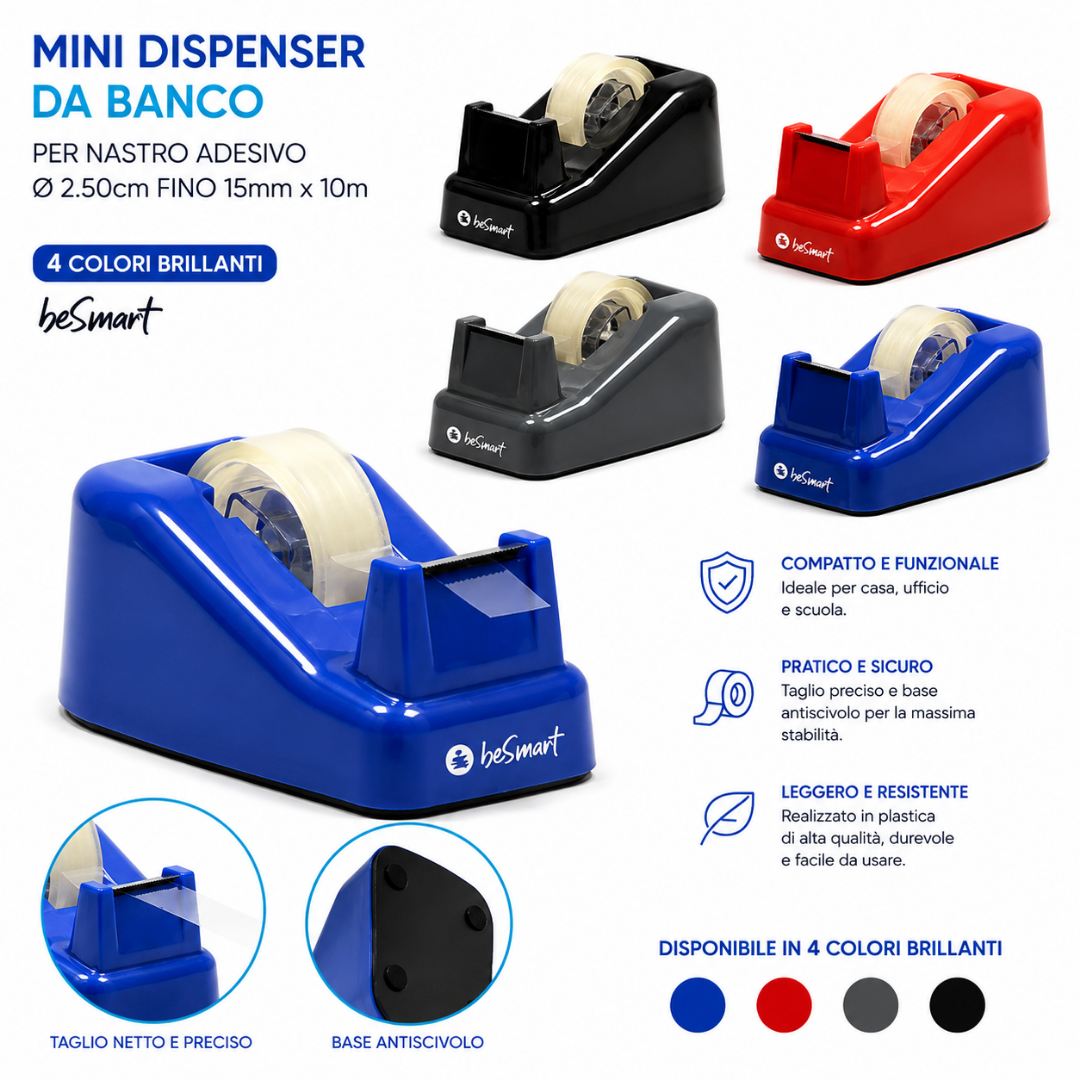 Mini dispenser da banco per nastro adesivo Ø 2.50cm FINO 15mm x 10m 4COL colori standard Be Smart