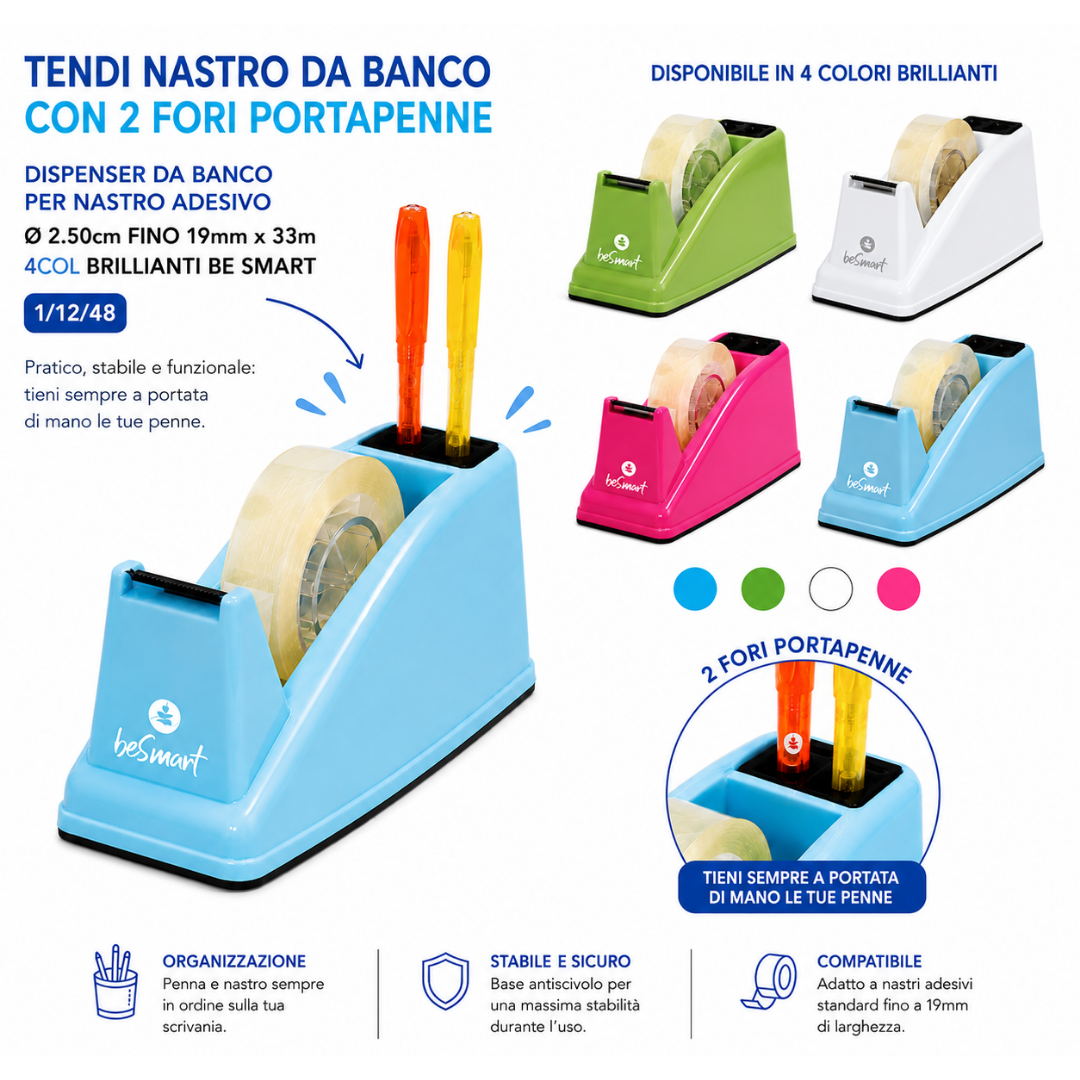 Dispenser da banco per nastro adesivo 4 colori brillianti Be Smart 1/12/48
