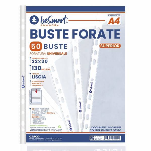 Buste forate superior lisce A4 cf 50 pezzi Be Smart