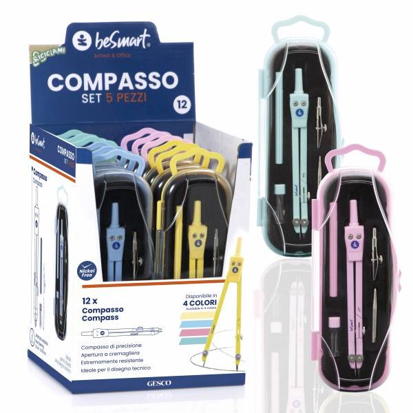 Compasso set 5 pezzi con tiralinee 4 colori assortiti in box da 12 pezzi Be Smart