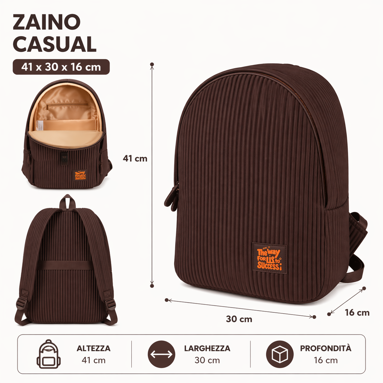Zaino Fusion 1 Scomparto Caffè BeSmart 41x30x16 cm | Zaino scuola versatile per cartolerie e forniture