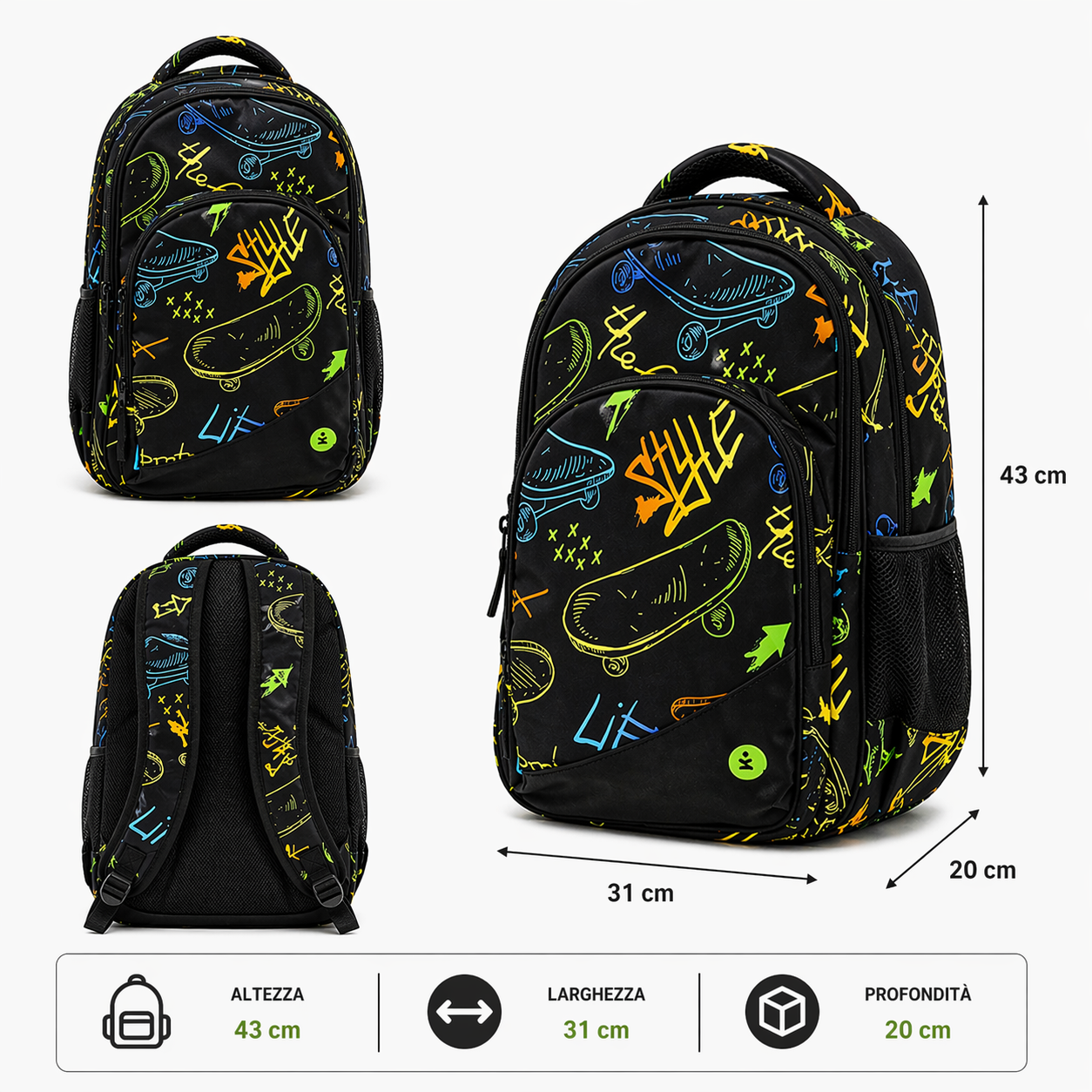 Zaino Premium Organizzato Skate BeSmart 43x31x20 cm | Zaino scuola capiente per cartolerie