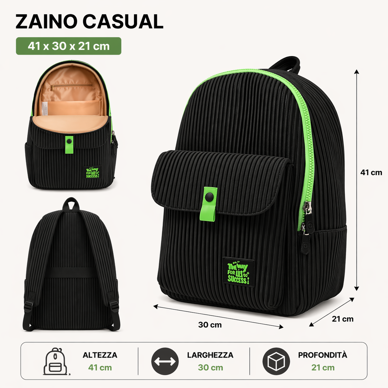 Zaino Fusion 2 Scomparti Nero-Verde BeSmart 41x30x21 cm | Zaino scuola capiente e moderno per cartolerie