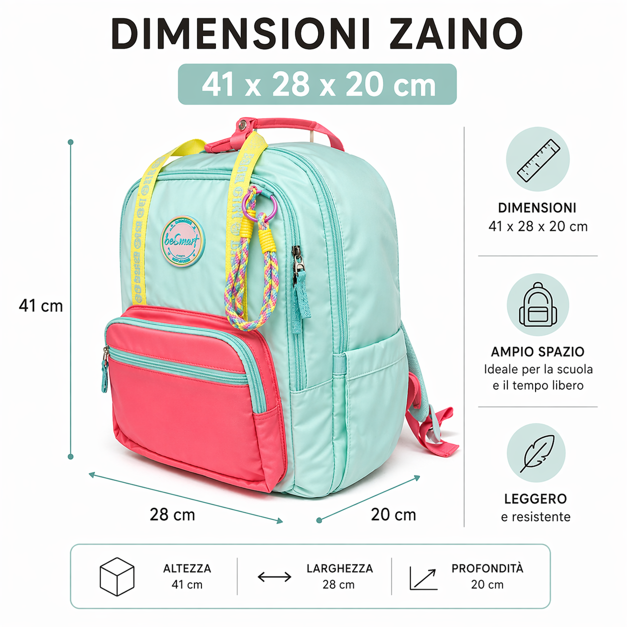 Zaino Sweety Acquamarina BeSmart 41x28x20 cm | Zaino scuola elementare per cartolerie