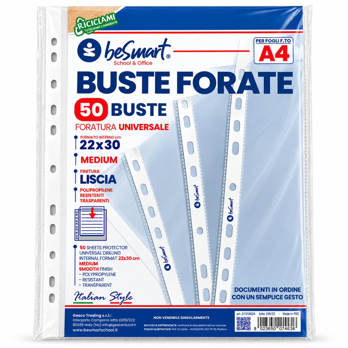 Buste forate medium lisce A4 cf 50 pezzi Be Smart