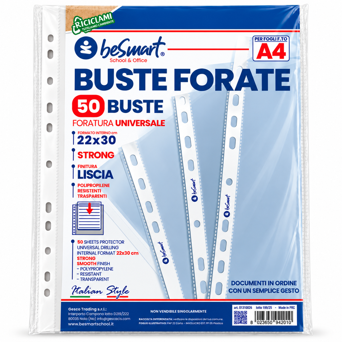 Buste forate superior lisce A4 cf 50 pezzi Be Smart