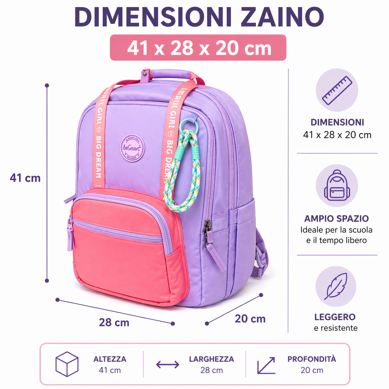 Zaino Sweety Lilla BeSmart 41x28x20 cm | Zaino scuola elementare per cartolerie e forniture