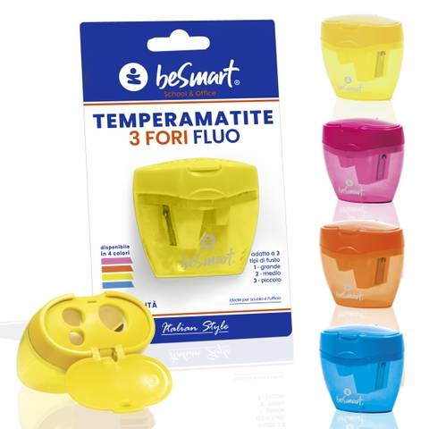 Pencil sharpener 3 holes 4 fluorescent colours in blister Be Smart