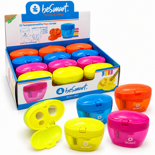 Temperamatite 3 fori 4 colori fluo in display da 12 pezzi Be Smart