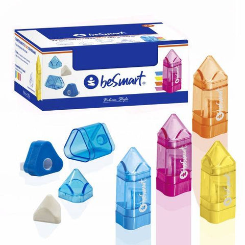 Pencil sharpener with eraser in a box of 24 pieces, 4 fluorescent colors Be Smart