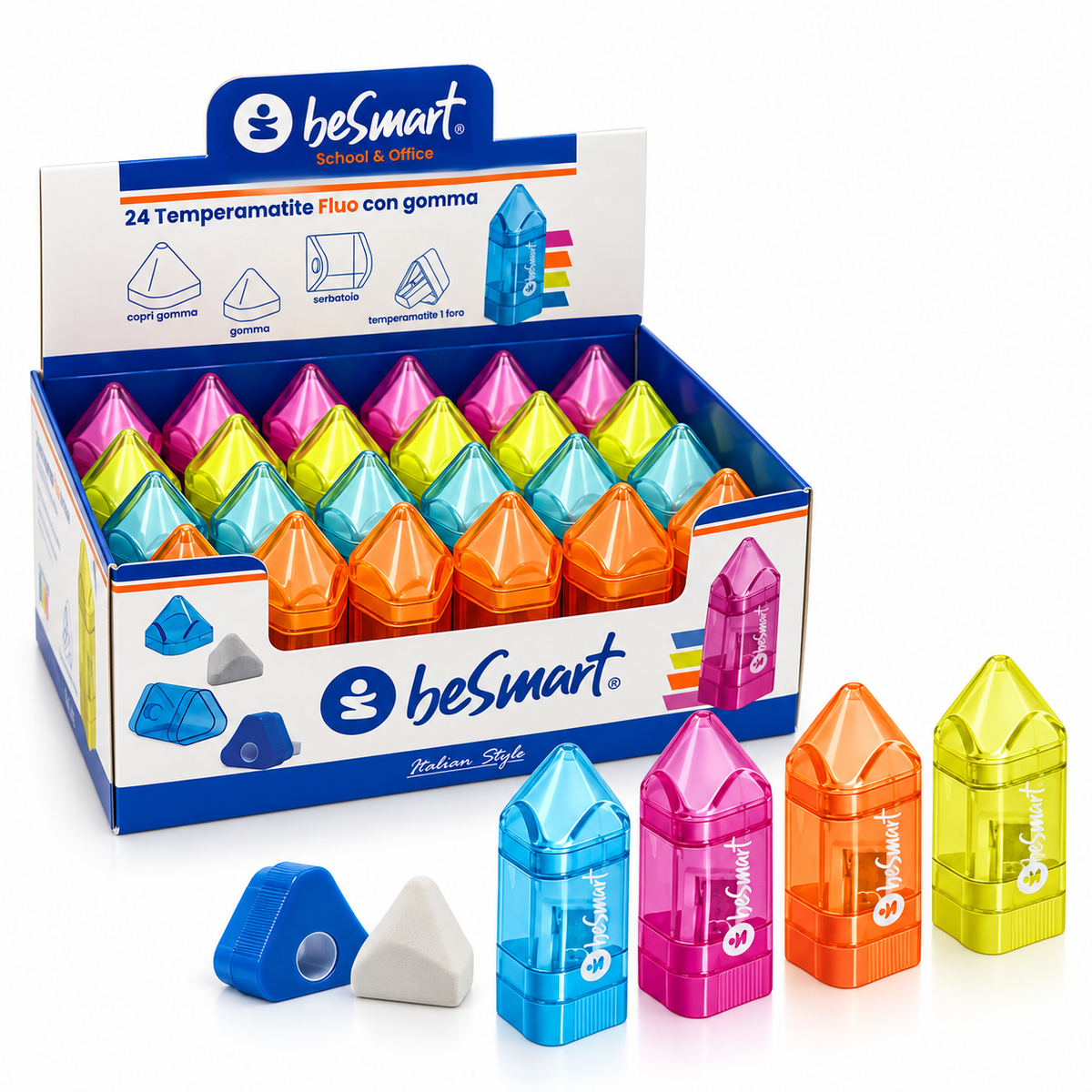 Temperamatite a matita con gomma in box da 24 pezzi, 4 colori fluo Be Smart