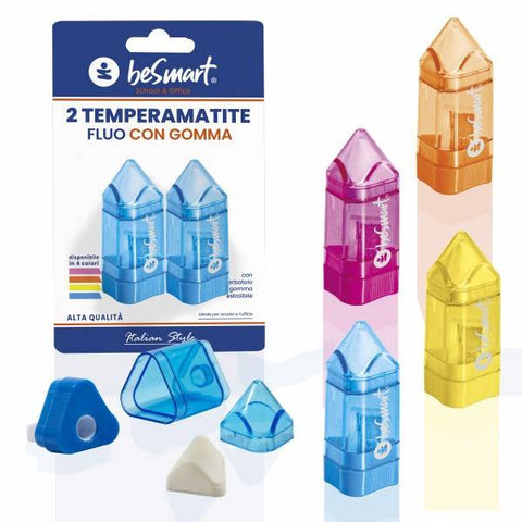 Pencil sharpener with eraser, 4 fluorescent colors, 2-piece blister pack, Be Smart