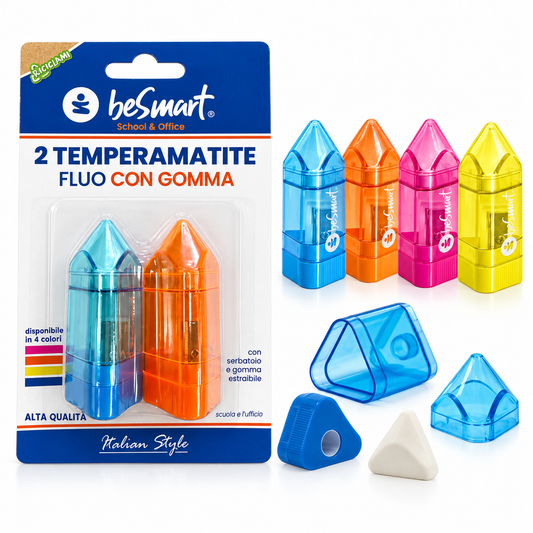 Temperamatite con gomma 4 colori fluo in blister da 2 pezzi Be Smart
