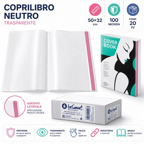 Cf 20 pezzi coprilibri neutri 50x32 cm 100mic con adesivo laterale Be Smart