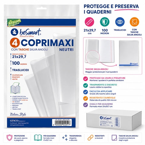 Set of 4 neutral maxi covers 42.8x30.6 cm 100mic with corner protector pockets Be Smart