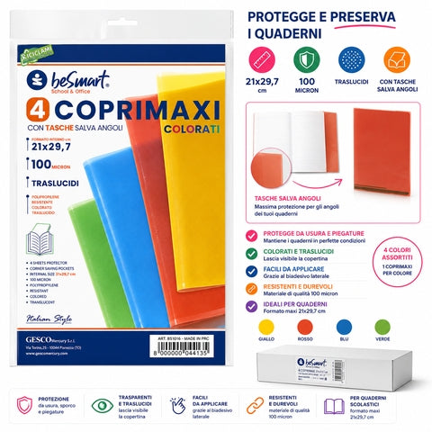 Set of 4 colored maxi covers 42.8x30.6 cm 100mic with corner protector pockets Be Smart