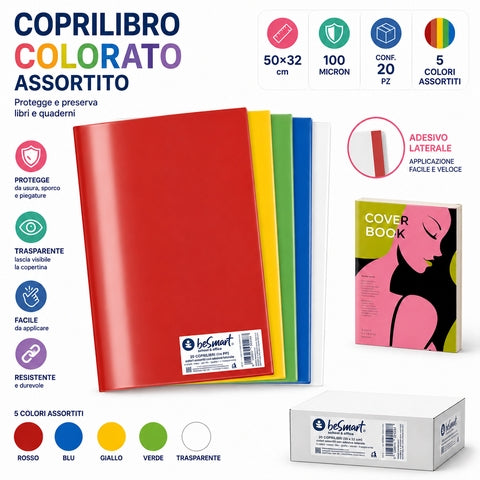 Cf 20 coprilibri colorati 50x32 cm 100mic con adesivo laterale Be Smart